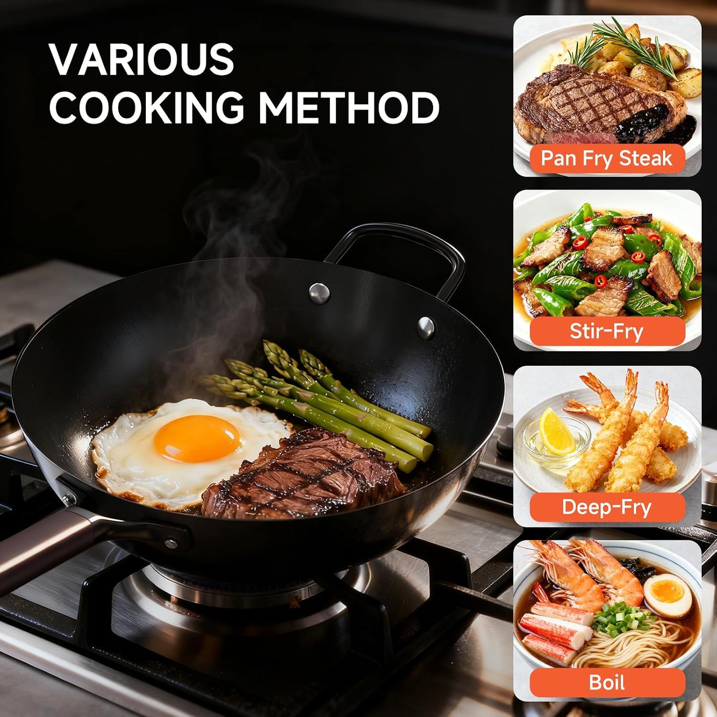 13.5" Pre-Seasoned Flat Bottom Carbon Steel Wok with Lid Spatula