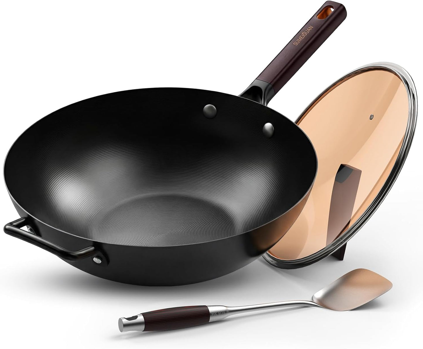 13.5" Pre-Seasoned Flat Bottom Carbon Steel Wok with Lid Spatula