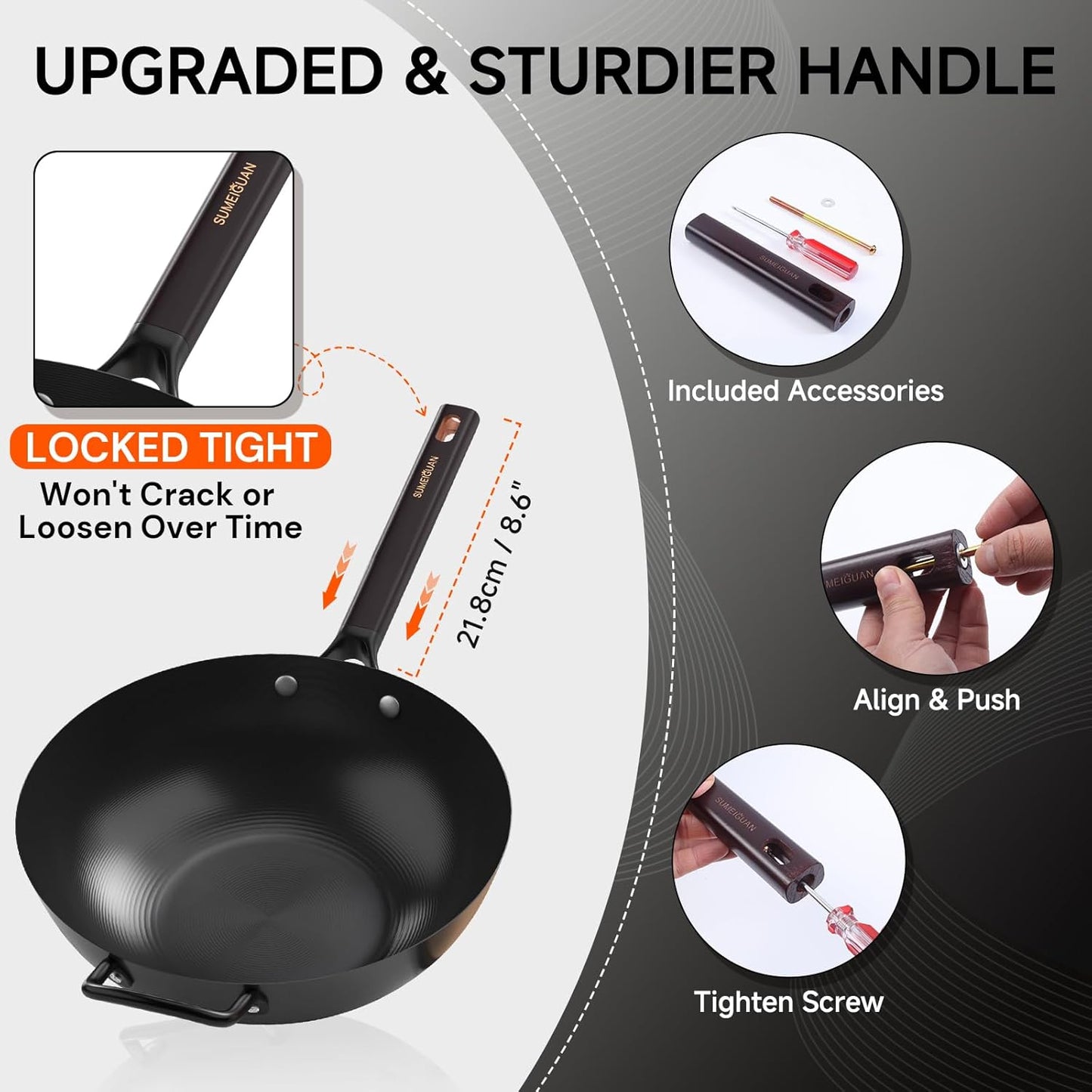 13.5" Pre-Seasoned Flat Bottom Carbon Steel Wok with Lid Spatula