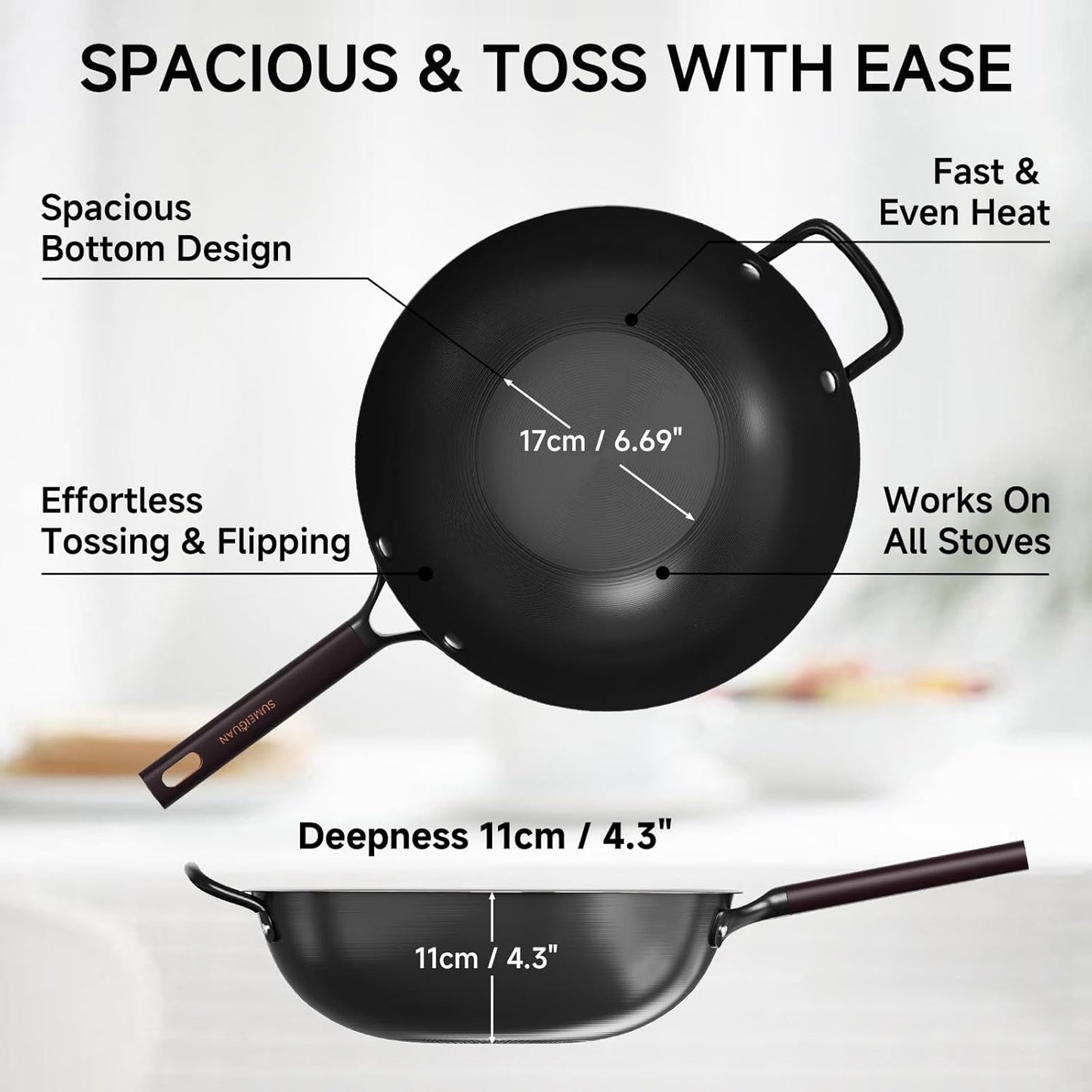 13.5" Pre-Seasoned Flat Bottom Carbon Steel Wok with Lid Spatula