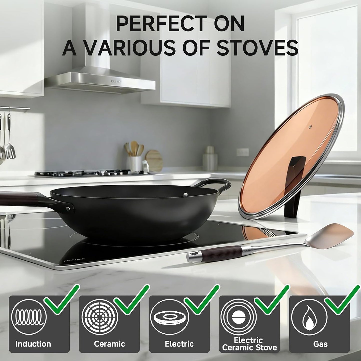 13.5" Pre-Seasoned Flat Bottom Carbon Steel Wok with Lid Spatula