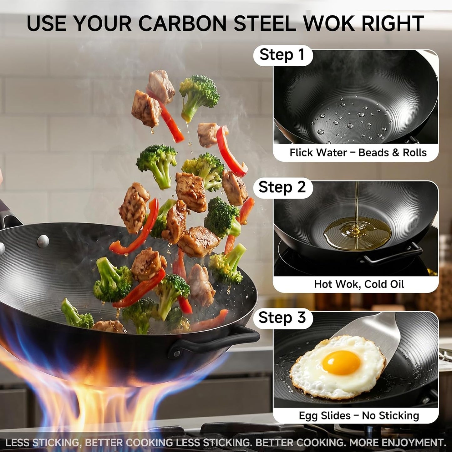 13.5" Pre-Seasoned Flat Bottom Carbon Steel Wok with Lid Spatula